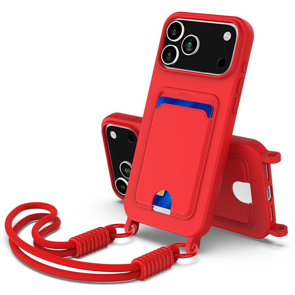 For iPhone 17 Pro Max Case Liquid Silicone Card Holder Phone Back Cover with Wrist Strap