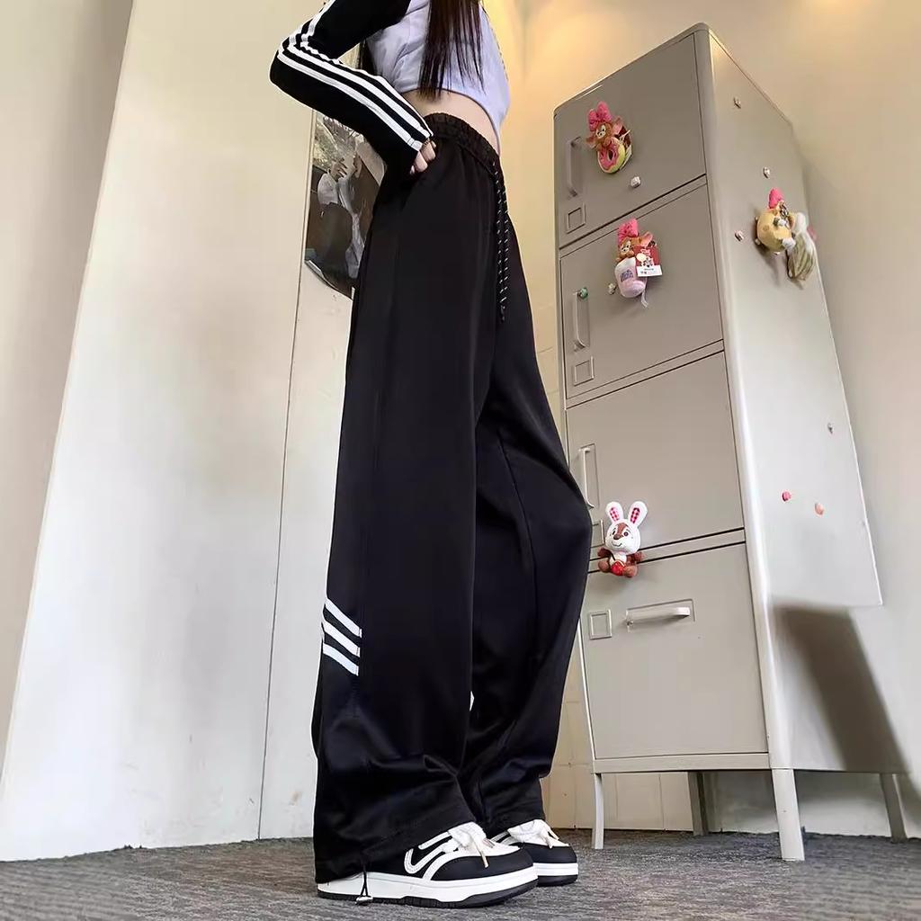 Autumn New Light Gray Casual Pants for Women Wide-leg Sweatpants Design Straight-leg Tying Sports Pants