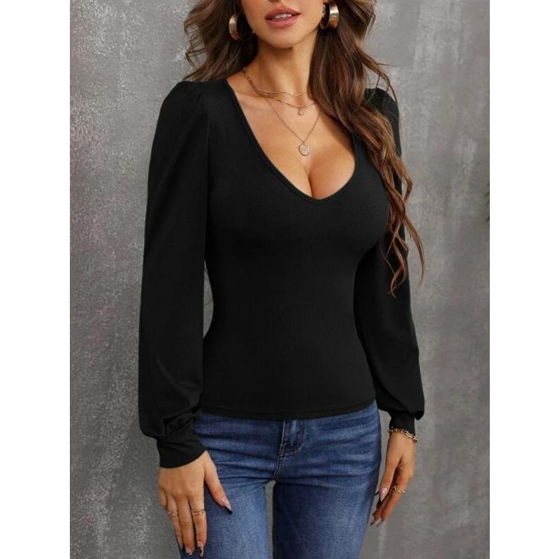 Women S Slim Fit Knit Sweater Lantern Sleeve U Neck