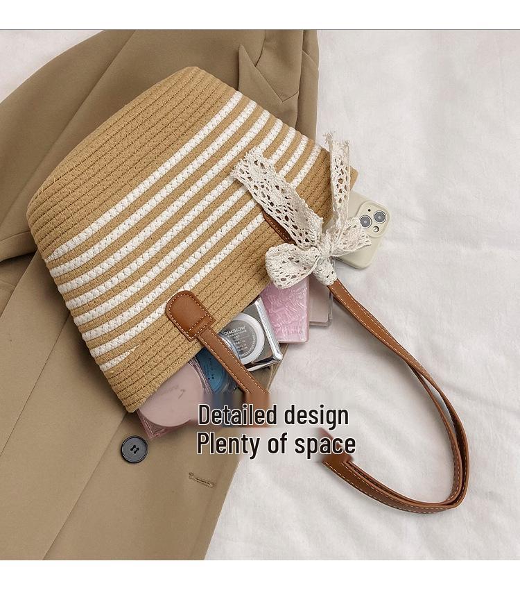 Women's Large Capacity Woven Straw Shoulder Bag - 2025 Spring Niche Beach Bucket Bag with Texture for Commute