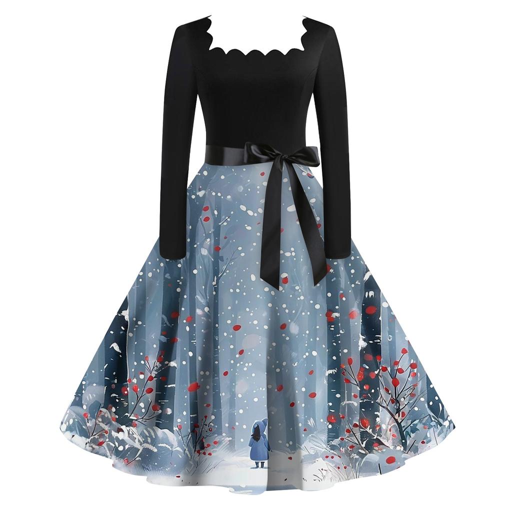 Women's Fashion Vintage Long Sleeve Square Neck Christmas Printed Evening Party Dresses Dresses