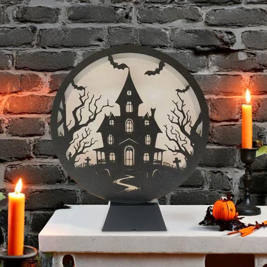 Halloween LED Lantern Wooden Desktop Light Witch Pumpkin Spider Cat Designs Silhouette Ornament Spooky Tabletop Home Party Decoration