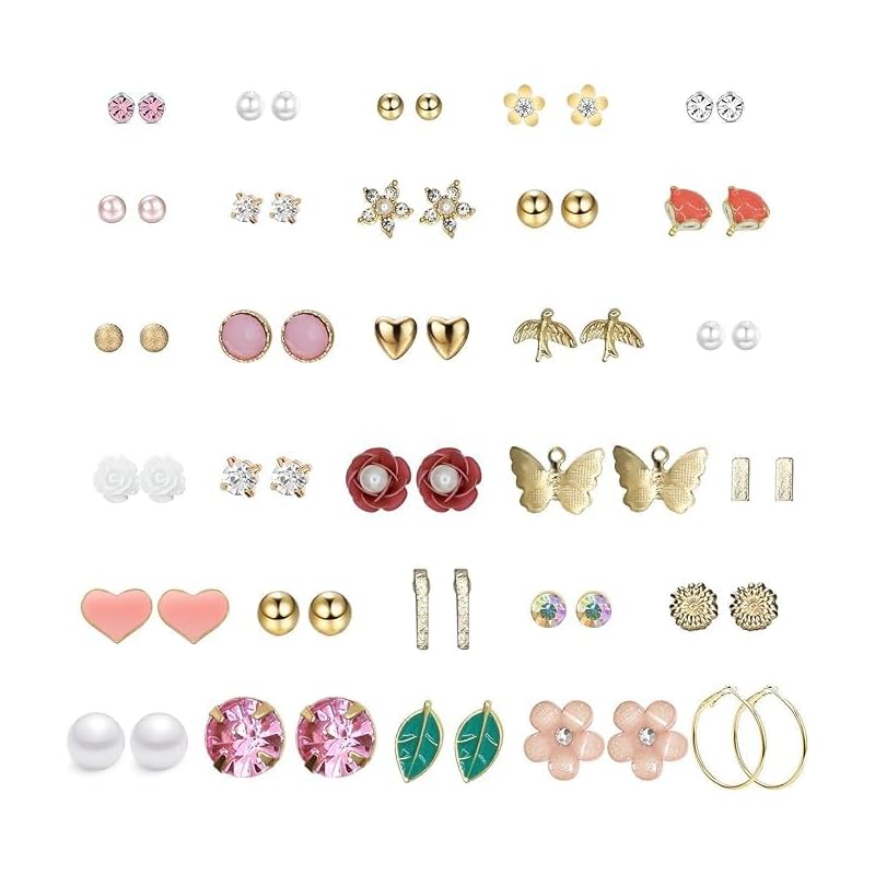 Umiwe Earrings Set 30 Pairs Surgical Stainless Steel Ladies Popularity Compatible with Metal Allergies Fashionable Cute South Korea Woman Accessories