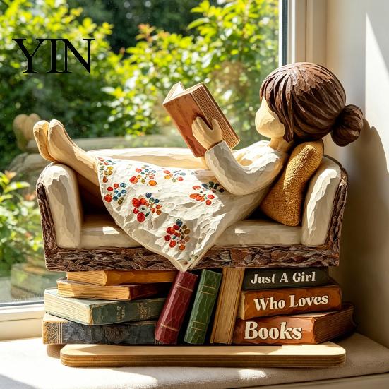 Bookish Home Office Decoration Woman Reading Book Wooden Plaque, Just A Girl/Boys Who Loves Statue for Exquisite Three Dimensional Wood Decor