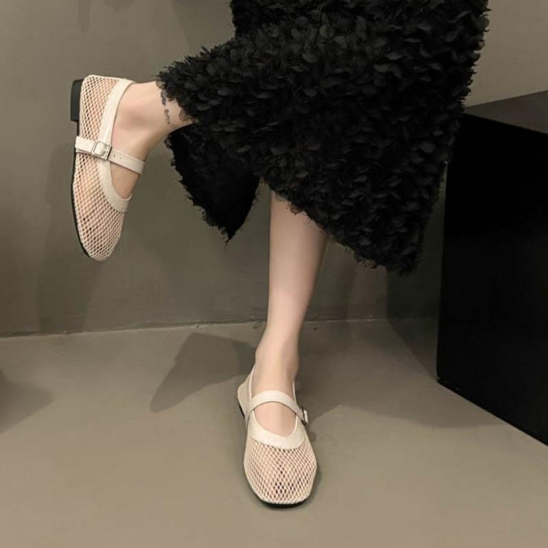 Fashion Fishing Net Hollow Women's Shoes Summer New Square Toe Shallow Mouth Flat Mesh Casual Mary Jane Soft Sole Single Shoes