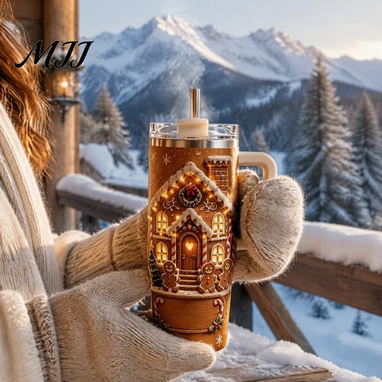 Прочная Водяная Бутылка из Нержавеющей Стали Пряничный Домик Рождественский Термостакан с Ручкой и Крышкой-Трубочкой, 40 унций Автомобильный Вакуумный Изолированный Кофейный Стакан Стакан,