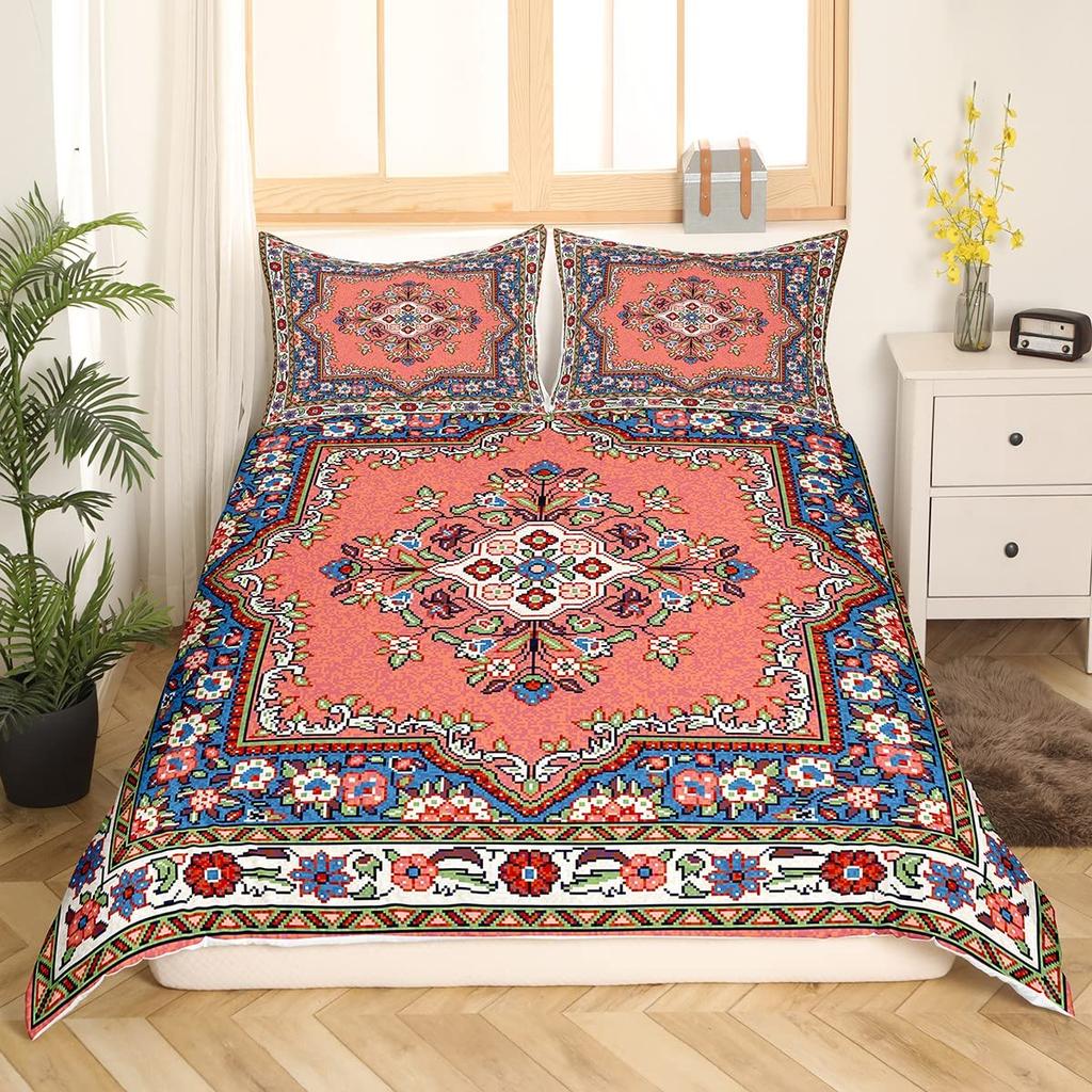 Ethnic Bright Floral Duvet Cover Queen King Size Boho Botanical Bedding Set Geometric Abstract Quilt Cover Bedroom Decor 3 Pcs