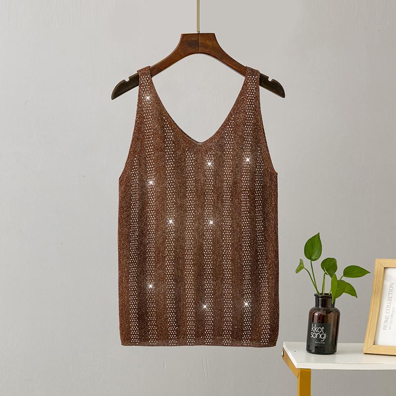 Женская летняя вязаная майка из ледяного шелка с яркой нитью и V-образным вырезом, облегающая майка