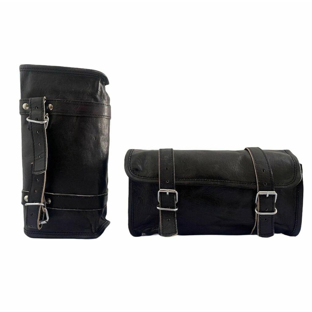 Bag Motorcycle Leather Tool Saddle Pouch Bike Side Storage Luggage Black Genuine