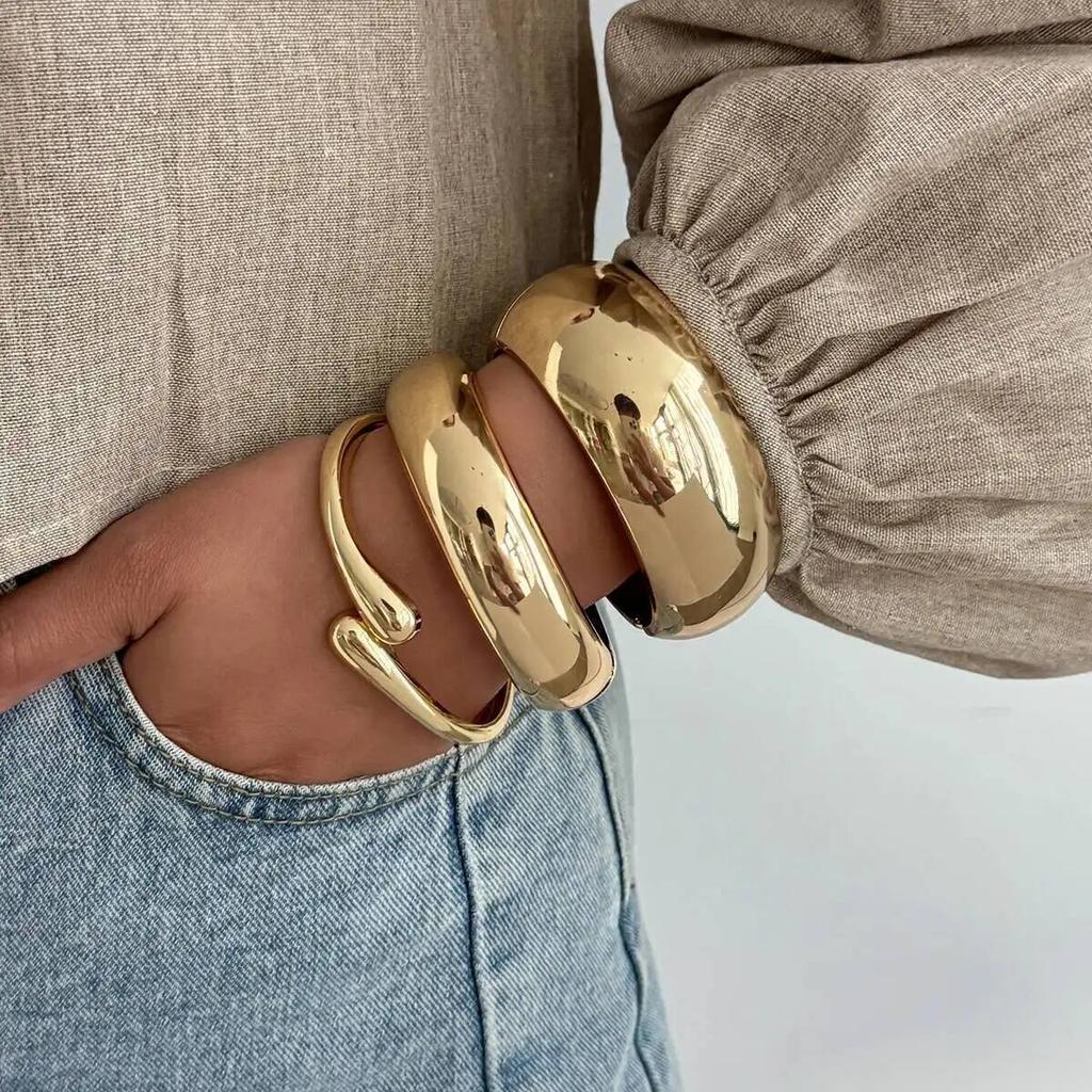 Ingemark 3 Styles Hip Hop Glossy Heavy Metal Chunky Banlges for Women Men Punk Gold Color Spring Arm Bracelets Daily Jewelry New