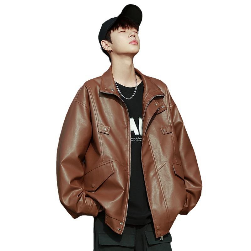 Осенняя новая кожаная куртка мужская в гонконгском стиле, свободная повседневная спортивная куртка однотонная с лацканами, мужская тенденция