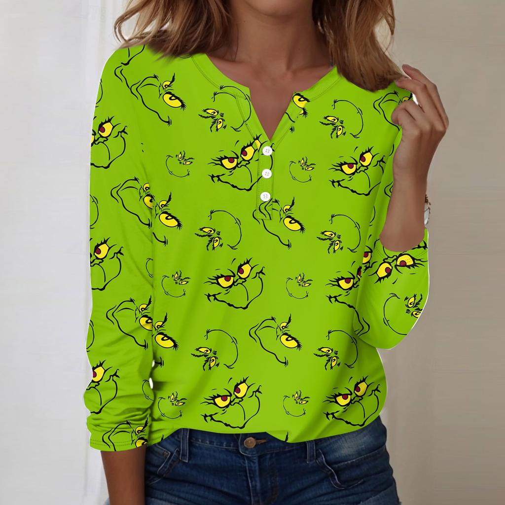 Женская модная повседневная блузка с V-образным вырезом, длинным рукавом и декоративными пуговицами, с рождественским принтом