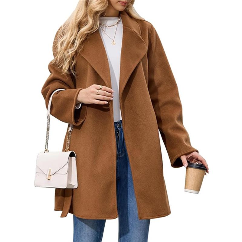 Women's Autumn and Winter Solid Color Long Sleeve Suit Collar Belt Woolen Suit Jacket