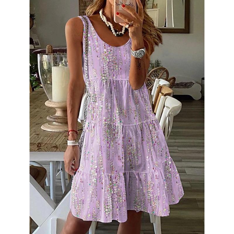 Women's Spring and Summer Casual Fashion Floral Print Loose Round Neck Sleeveless Bobbin Mid-length Dresses