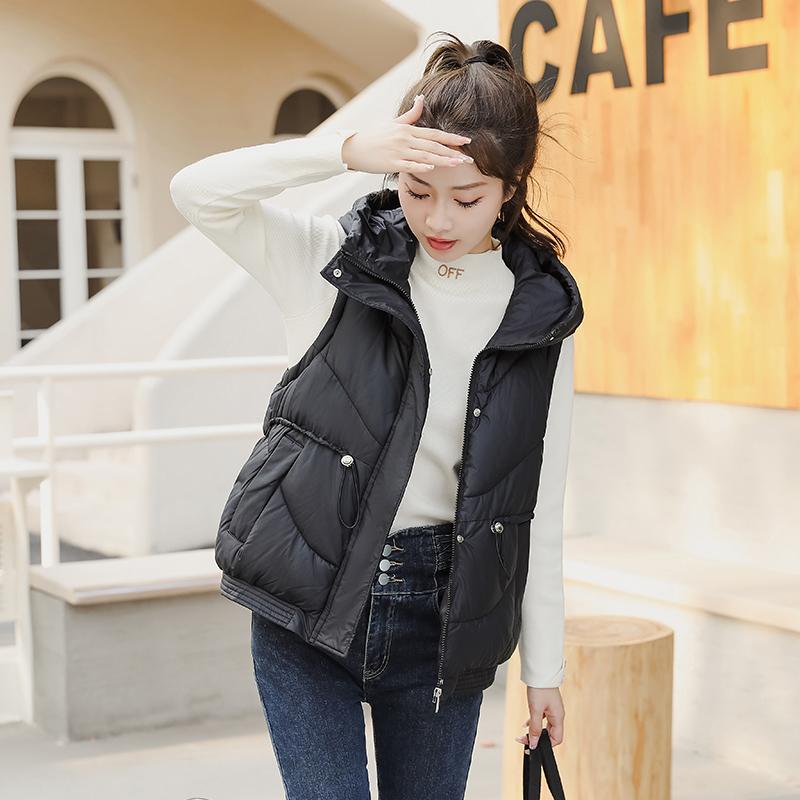 Women Autumn Winter Hooded Collar Sleeveless Solid Color Drawstring Warm Coat Vest