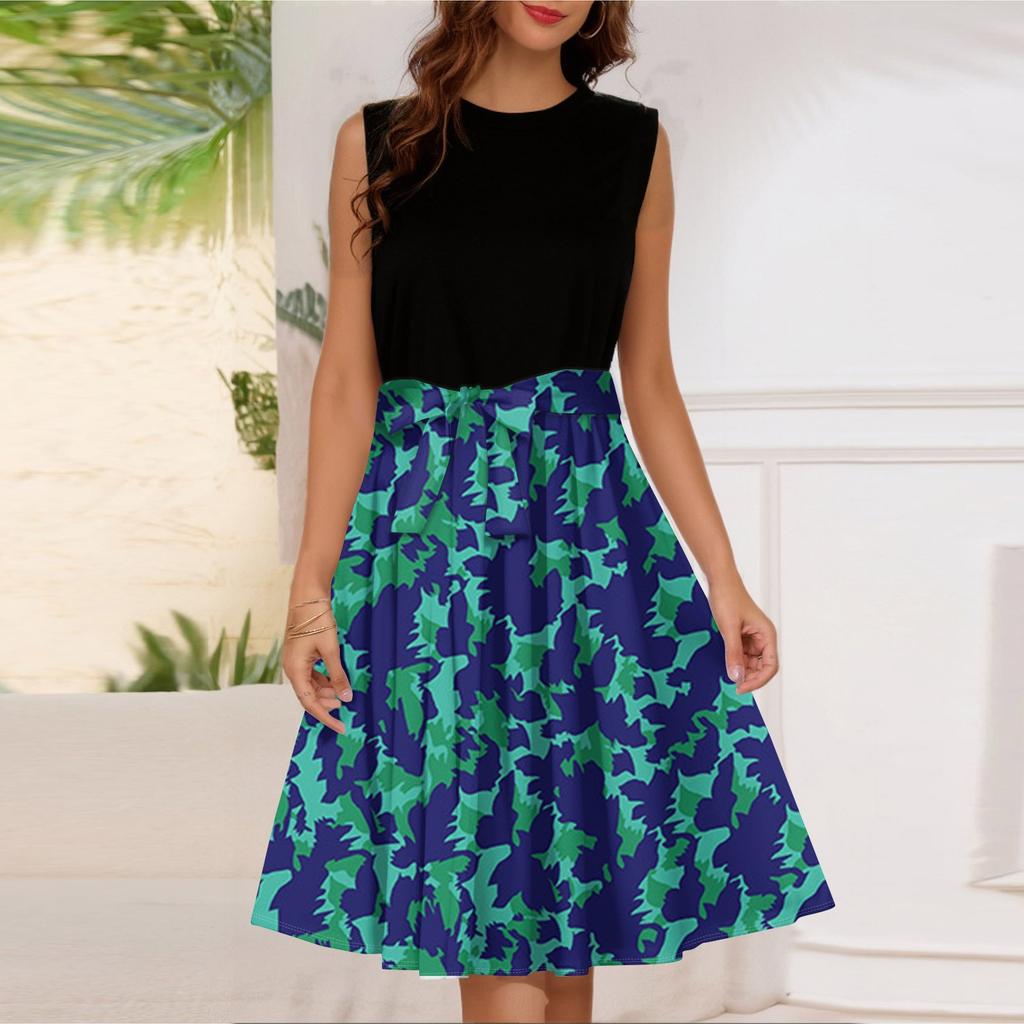 Women's Fashion Casual Lace-up Sleeveless Round Neck Splicing Short Dress