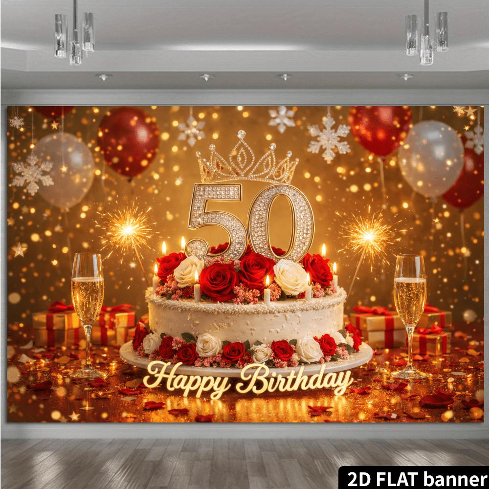 2D plane 50-year-old golden red birthday background cloth jewelry number 50 crown cake stylezyc