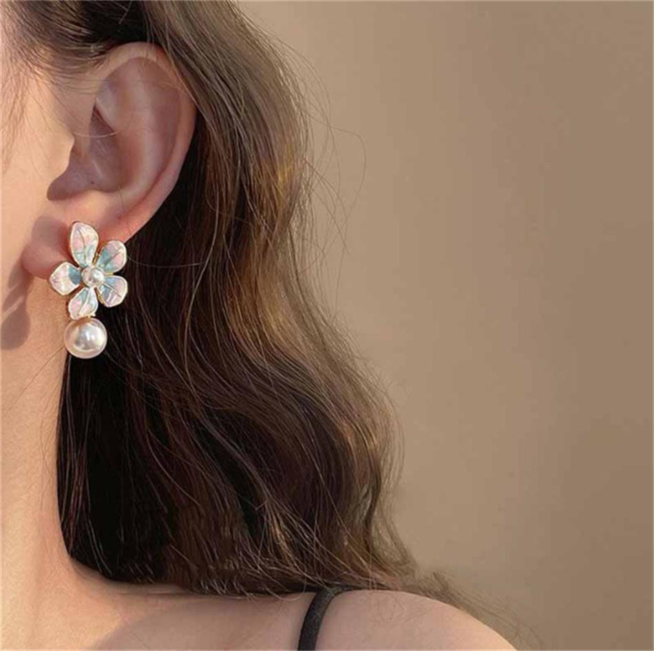 Enamel Big Flower Imitation Pearl Korean Design Drop Earrings Exaggerated Wedding Party Jewelry Accessories