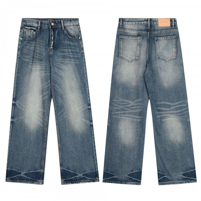 Mens Distressed Straight Fit Denim Jeans With Embroidery Mid-Rise Water Washed Cotton Blend Streetwear Casual Pants