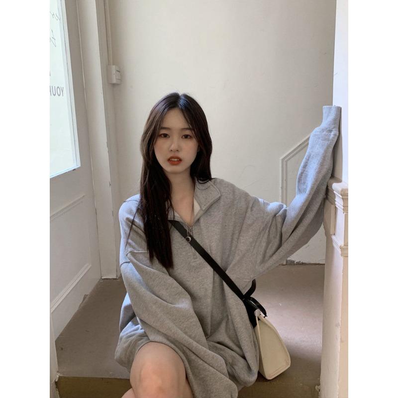 Повседневные свободные толстовки женские корейские модные Kpop Polo Collar серые однотонные пуловеры 2024 осень уличная одежда