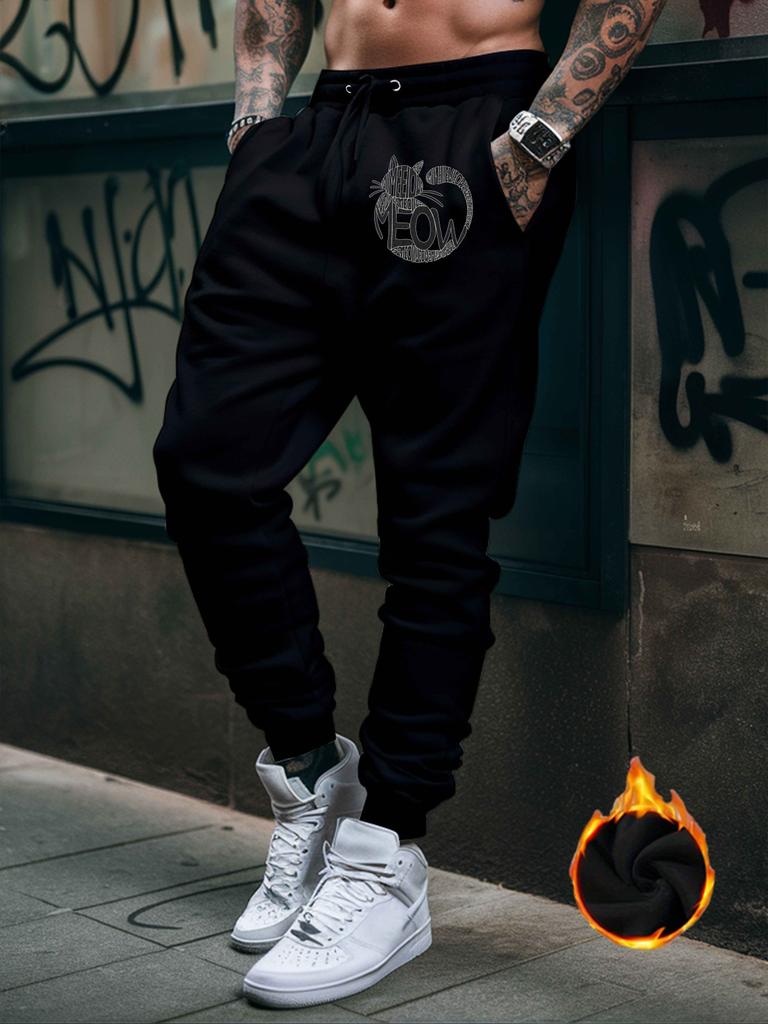 Meow-typ Men Sweatpants Pocket Meow Cat Typography Motif, Leg Word Cat Silhouette Print, Side Pocket Drawstring Jogger Pants for Urban Street Looks