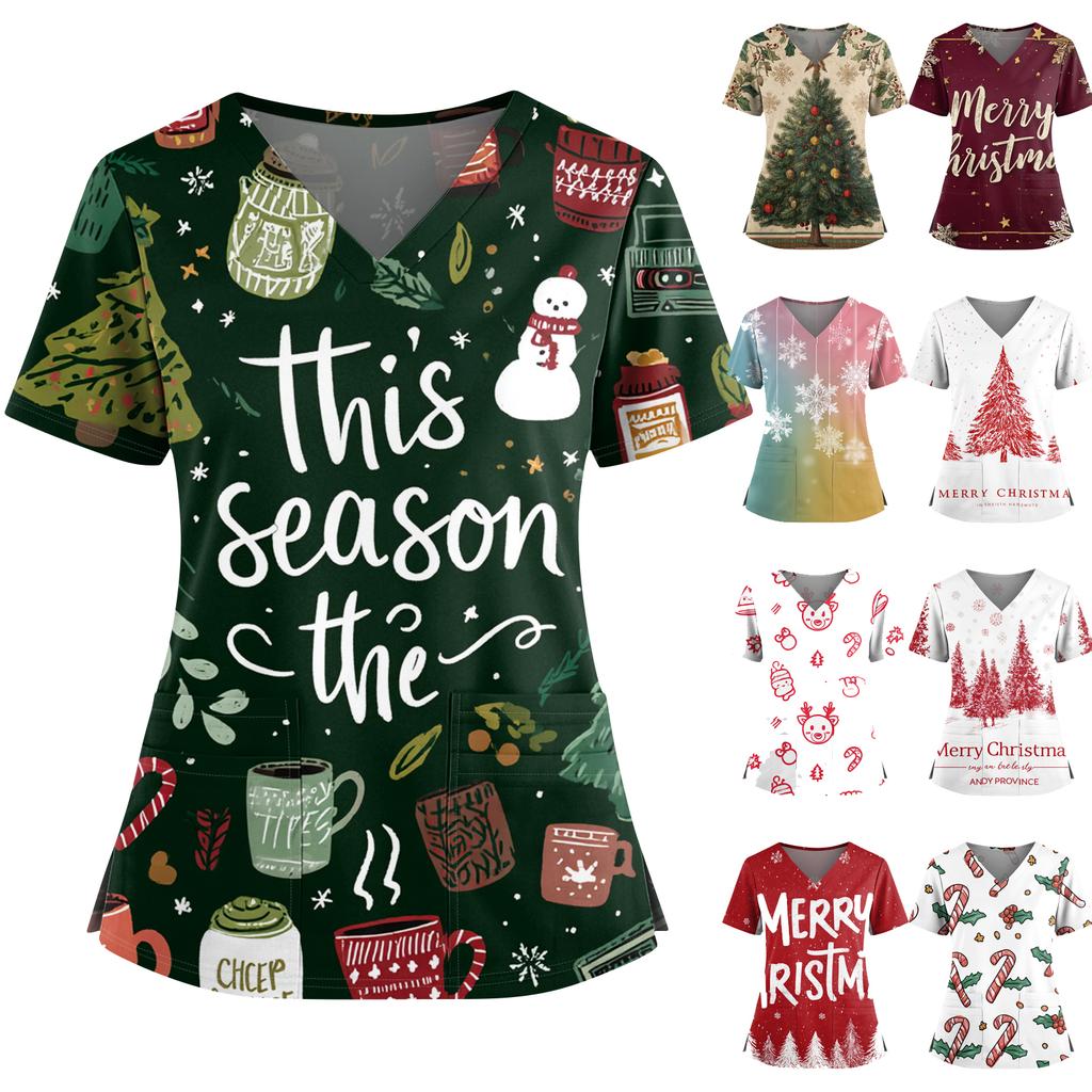 Women's Christmas Print V-Neck Double Pocket Short Sleeves Hem Slit Uniform And Caregiver Top