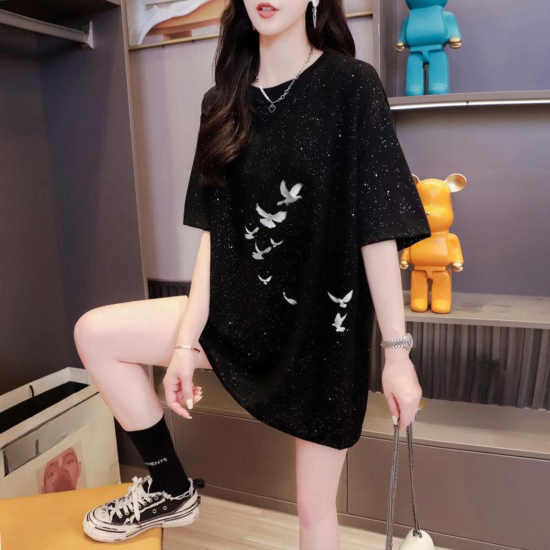 Летняя новинка для женщин Feeling Full of Stars, свободная футболка средней длины с короткими рукавами и круглым вырезом