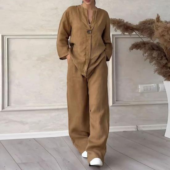 2 Pcs/Set Blouse Pants Set V Neck Long Sleeves Button Decor Top Wide Leg Loose Drawstring Elastic Waist Trousers OL Commute Casual Homewear Outfit