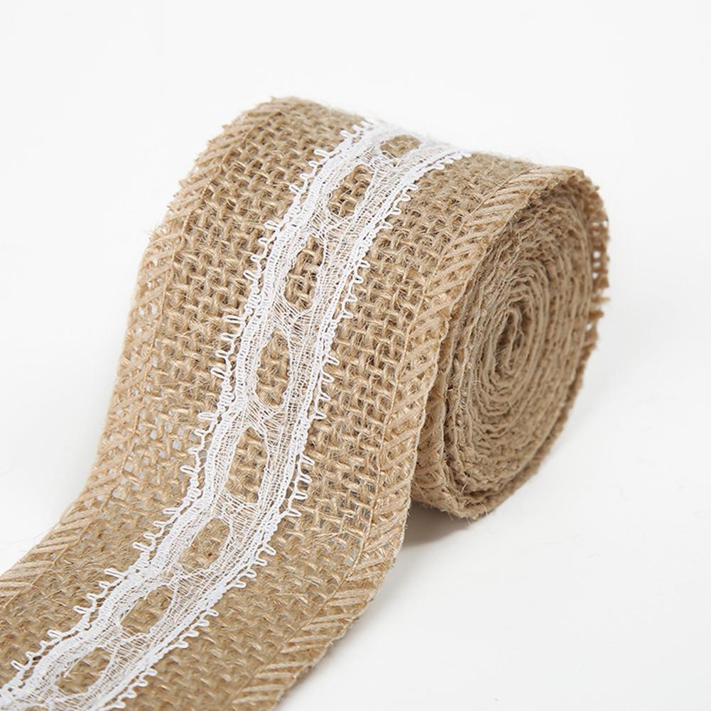 Jute Cloth Roll with White Lace Craft for Home Decoration Packaging 2M/Roll