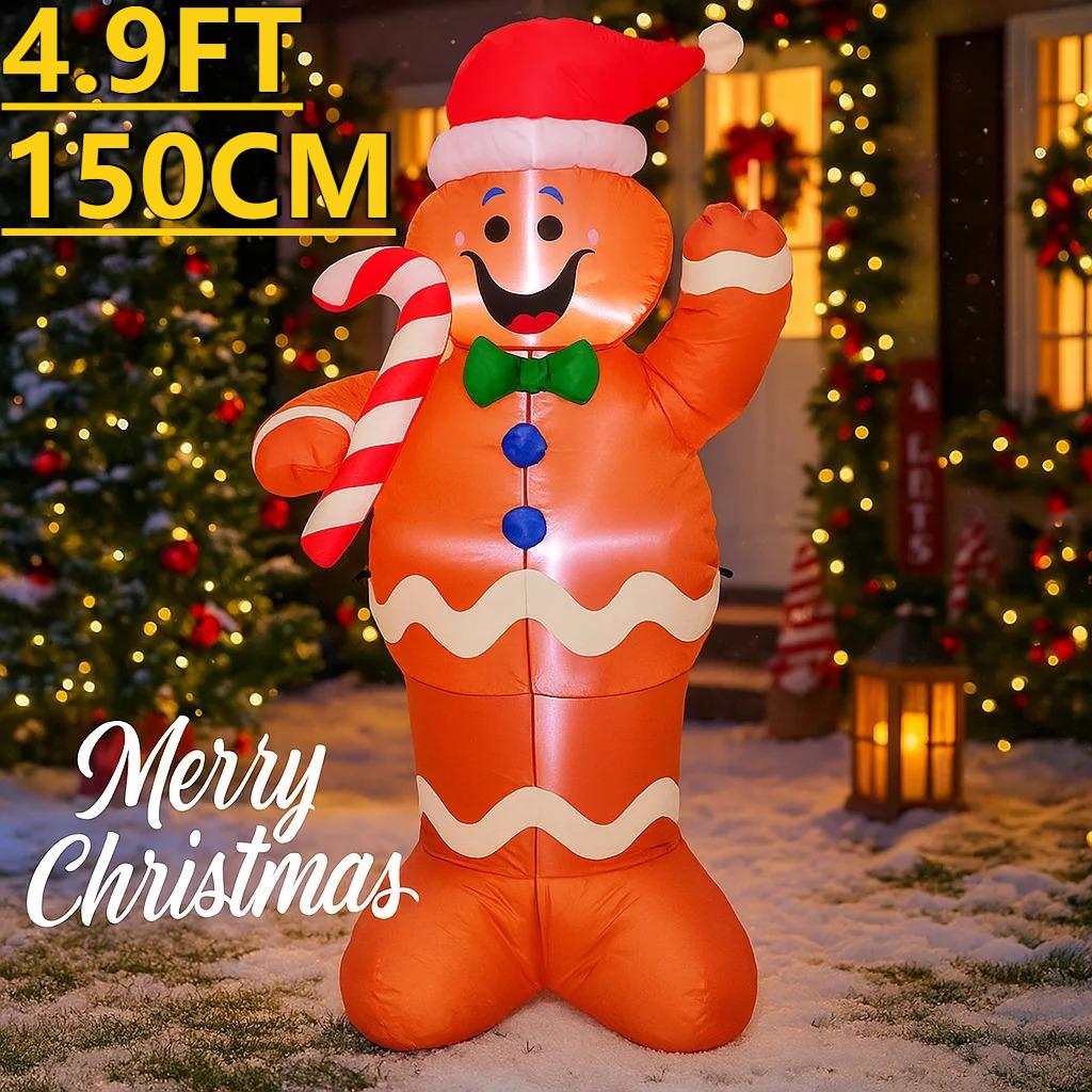 4.9FT Xmas Holiday Inflatable Yard Decor LED Gingerbread Man Candy Cane Outdoor Lawn Garden Toy Supplie Home Decor Ornament Gift