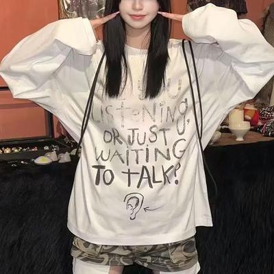 Модные пуловеры с длинным рукавом с надписью, осенние базовые с круглым вырезом, женская одежда, повседневные свободные футболки в американском ретро-стиле с ручной росписью