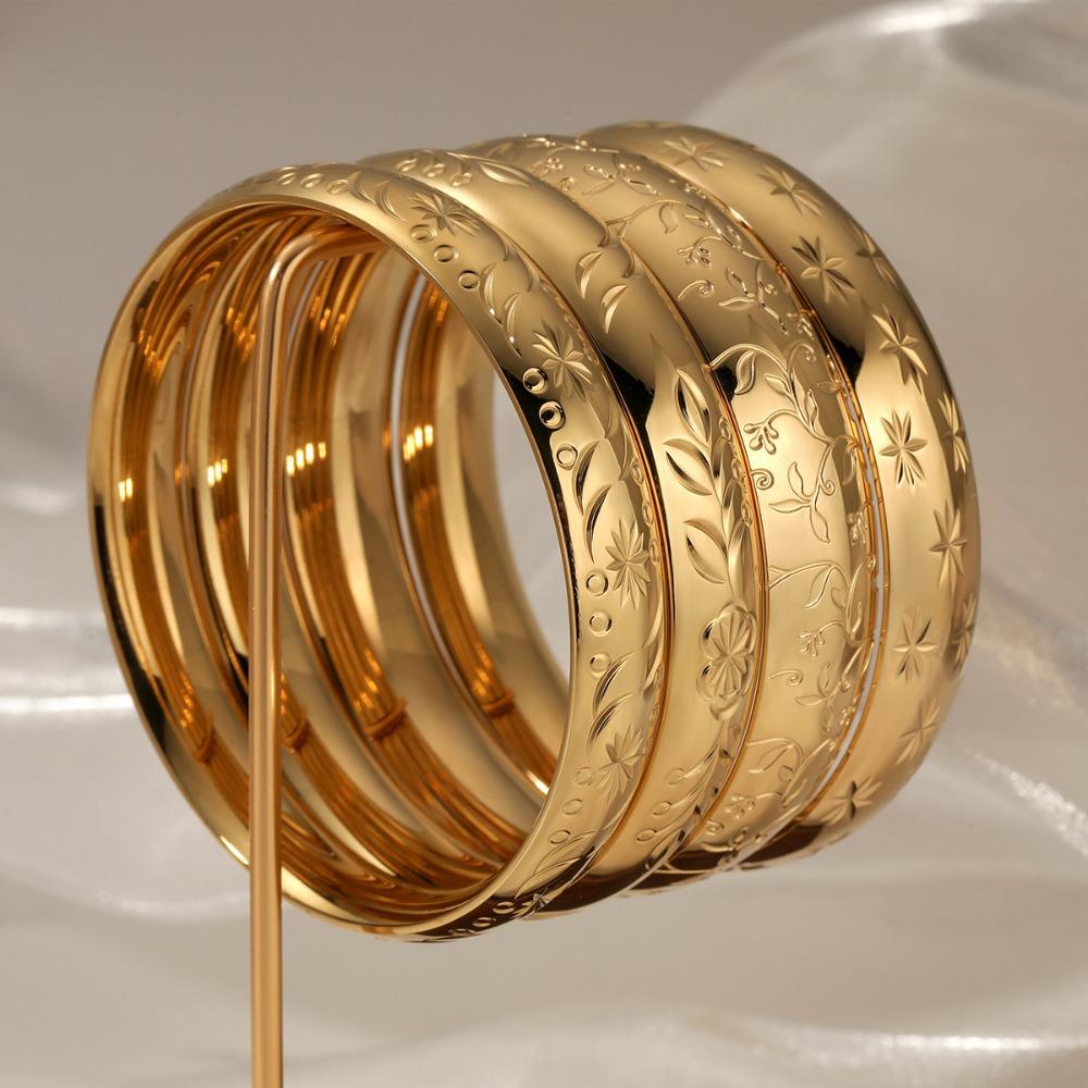 Retro Rock Printing 18K Gold Plated Bangle for Women Girls Waterproof Quality Stainless Steel Flower Bracelet Party Gift Jewelry