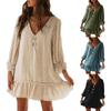 Women's A-line Solid Color V Neck Short Dresses Loose Long Sleeved Ruffled Hem Cotton Linen Dress