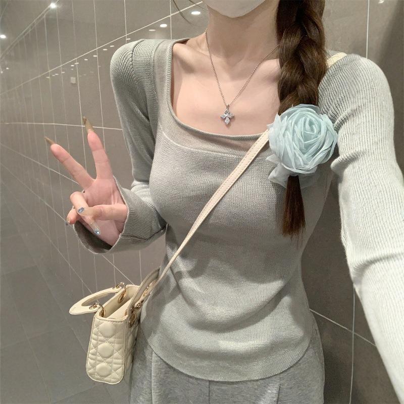 Wear a Gentle Wind Square Collar Top In Autumn and Winter, Women's Splicing Pure Desire Design Sense, Knitted Sweater Backing Sweater Inside
