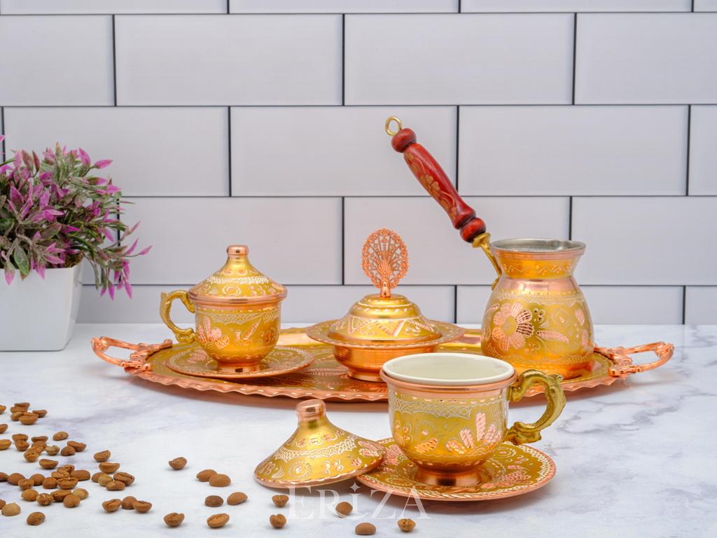 Турецкий медный кофейный сервиз с кофейником на 2 или 6 персон