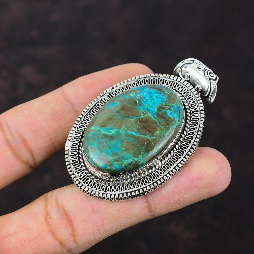 Подвеска из хризоколлы Подвеска ручной работы Подвеска из настоящего драгоценного камня Подвеска из стерлингового серебра 925 пробы Винтажная подвеска Ювелирные изделия из хризоколлы Подарок на годовщину