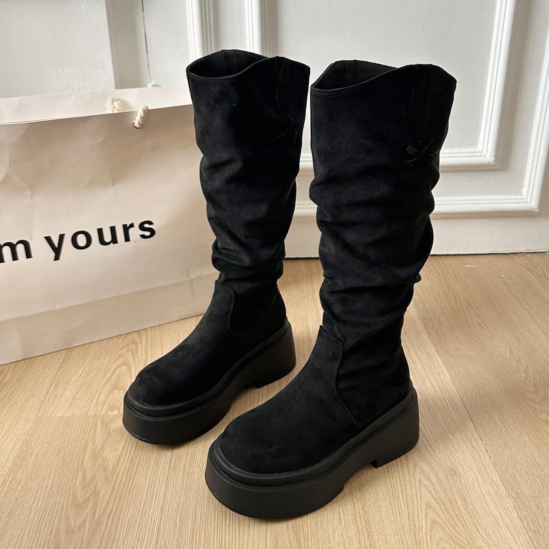 Платформа Толстый Каблук Женские Вестерн Высокие Сапоги Увеличение Роста Обувь Слипоны Осень Зима Женские Панк Винтаж Длинные Ботильоны