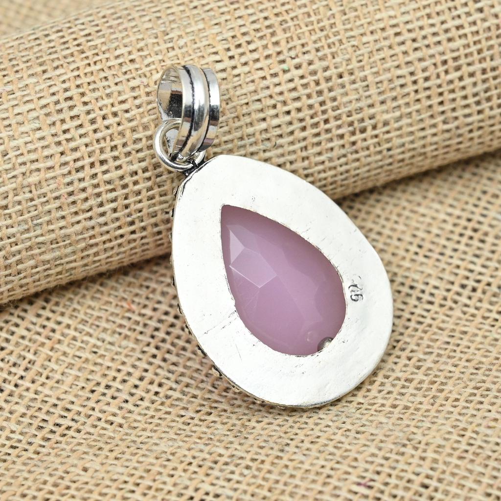 Pink Chalcedony Gemstone Solid 925 Sterling Silver Wedding Gift Handmade Jewelry Pendant