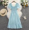 "French Retro Floral Square Neck Puff Sleeve Dress for Petite Women - High Waist, Sweet, Short Spring Style"