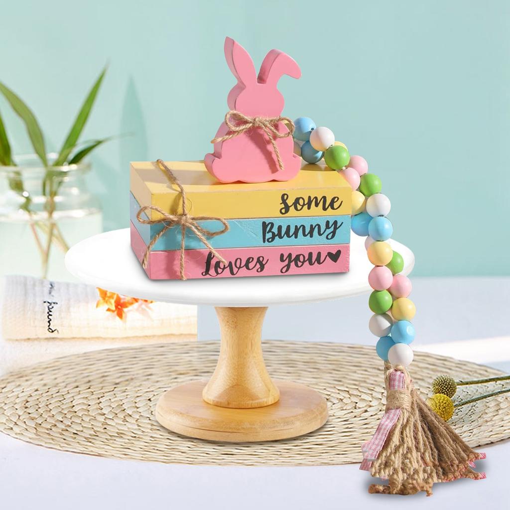 Easter Bunny Wooden Faux Book Stack Beaded Tiered Tray
