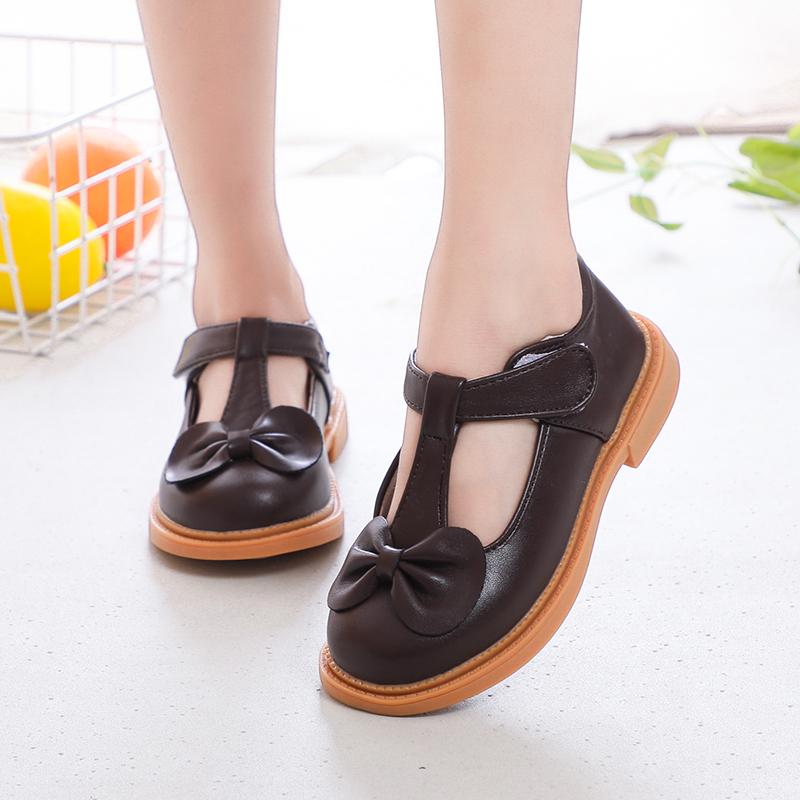 Children Leather Shoes for Girls Mediumn Big Kids School Shoes for Party Wedding Princess Sweet T-strap with Bow Comfortable New