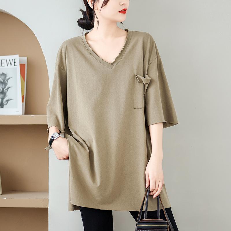 DIMANAF 2025 Новая Летняя Футболка Большого Размера Женская V-образный вырез Короткий рукав Однотонные Свободные Топы Футболки Макси