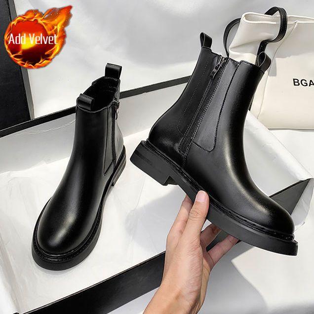 Модные Элегантные на Низком Каблуке Кожаные Теплые Женские Короткие Туфли Круглый Носок Женские Ботильоны Осенне-Зимние Ботильоны Высокого Качества 39 Ботинок