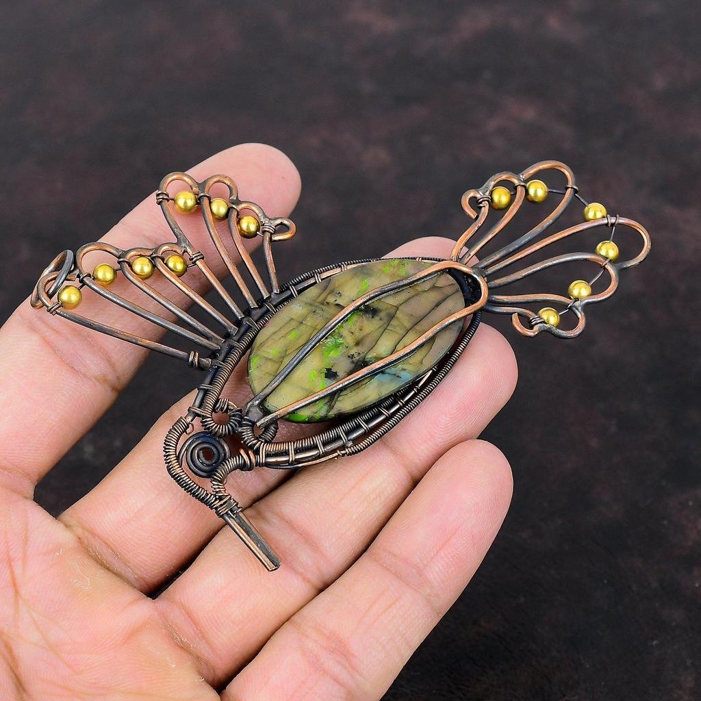 Кулон из нескольких огненных лабрадоритов, кулон из медной проволоки, кулон ручной работы с драгоценным камнем, уникальные медные украшения, кулон с птицей, подарок на юбилей