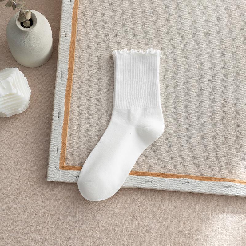 Женские носки средней длины из чистого хлопка с оборками по краю - черное кружево, японский стиль для всех сезонов