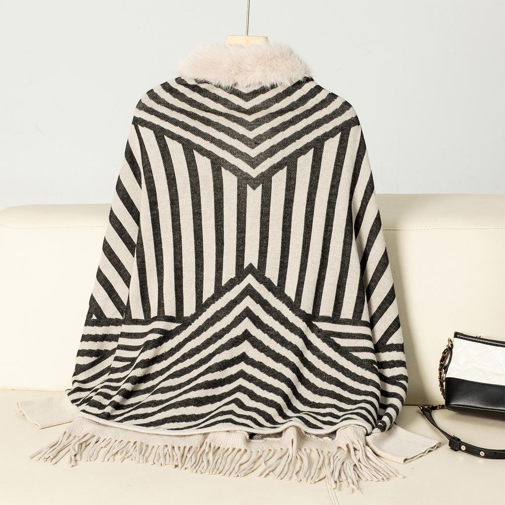Women's Autumn and Winter Large-size Shawls Fashionable Striped Knitted Wool Collar Cardigan Loose Sweater Cape 5 Colors