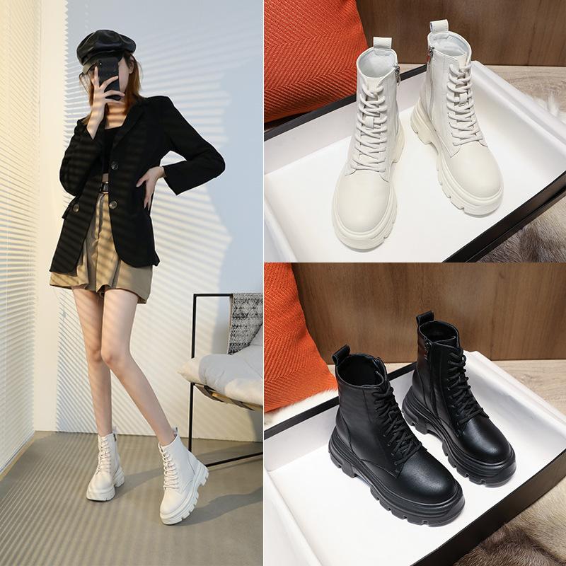 Leather Martin Boots Women's Shoes 2025 New Autumn High-top Thin Casual Platform Tide Ins Inner Height-increasing Short Boots