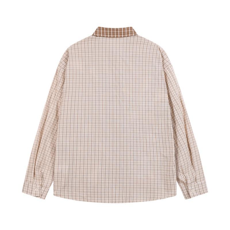 Mens Oversized Plaid Shirt With Embroidered Cartoon Details Casual Streetwear Long Sleeve Button-Up Fall