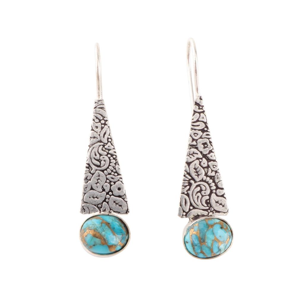 Natural Blue Copper Turquoise Gemstone 925 Sterling Silver Jewelry Earrings 1.9" EE-165-43