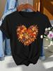 Women's Crew Neck Graphic T-Shirt, Fall Maple Leaf Heart Shape Autumn Leaves Tee